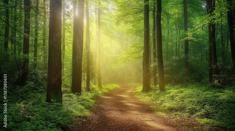 Obraz premium Sunlit path through lush green forest with tall trees and soft mist.