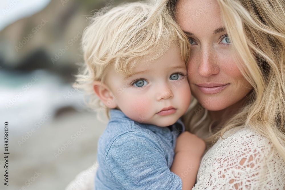 Loving mother and son, blond toddler boy, hugging at the beach, enjoying time, Generative AI Loving mother and son, blond toddler boy, hugging at the beach, enjoying time, Generative AI