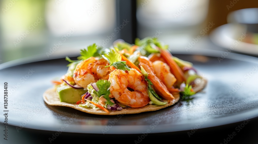 A plate of spicy shrimp tacos with slaw and avocado. Featuring heat and freshness