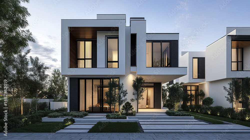 Fototapeta premium Modern townhouses with smooth white facades and large windows