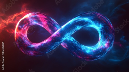Glowing blue infinity symbol with light trails and neon energy flows against a dark background, representing an abstract cosmic concept.  