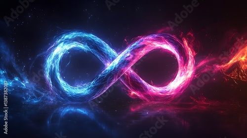 Glowing blue infinity symbol with light trails and neon energy flows against a dark background, representing an abstract cosmic concept.  