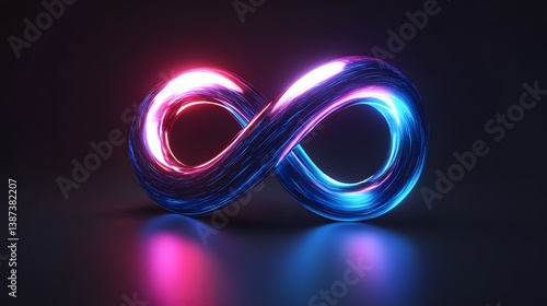 Glowing blue infinity symbol with light trails and neon energy flows against a dark background, representing an abstract cosmic concept.  