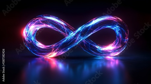 Glowing blue infinity symbol with light trails and neon energy flows against a dark background, representing an abstract cosmic concept.  