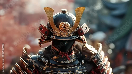 A majestic samurai warrior stands poised in traditional armor amidst a vibrant cherry blossom backdrop