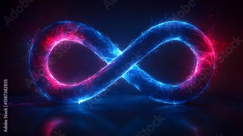 Glowing blue infinity symbol with light trails and neon energy flows against a dark background, representing an abstract cosmic concept.  