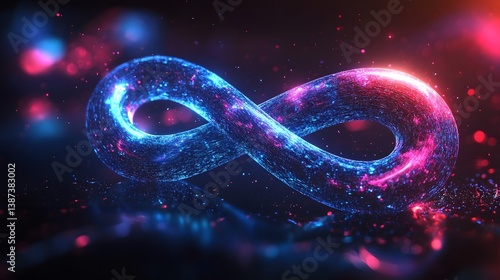 Glowing blue infinity symbol with light trails and neon energy flows against a dark background, representing an abstract cosmic concept.  