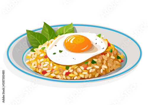 Fried Rice with Sunny-Side-Up Egg and Fresh Herbs Vector Illustration