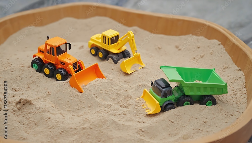 Toy construction vehicles in sandbox Toy construction vehicles in sandbox
