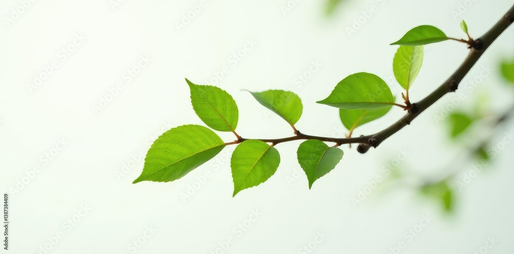 Fototapeta premium A single isolated branch on white background with small leaves, leafy, tree, nature