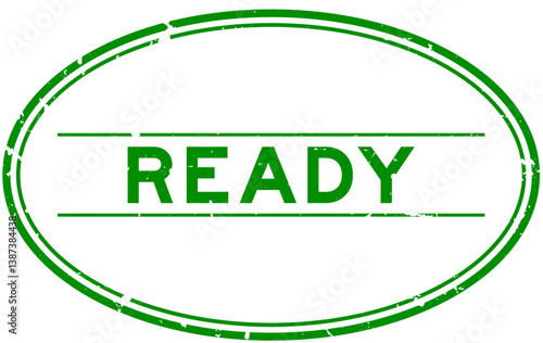 Grunge green ready word oval rubber stamp in white background