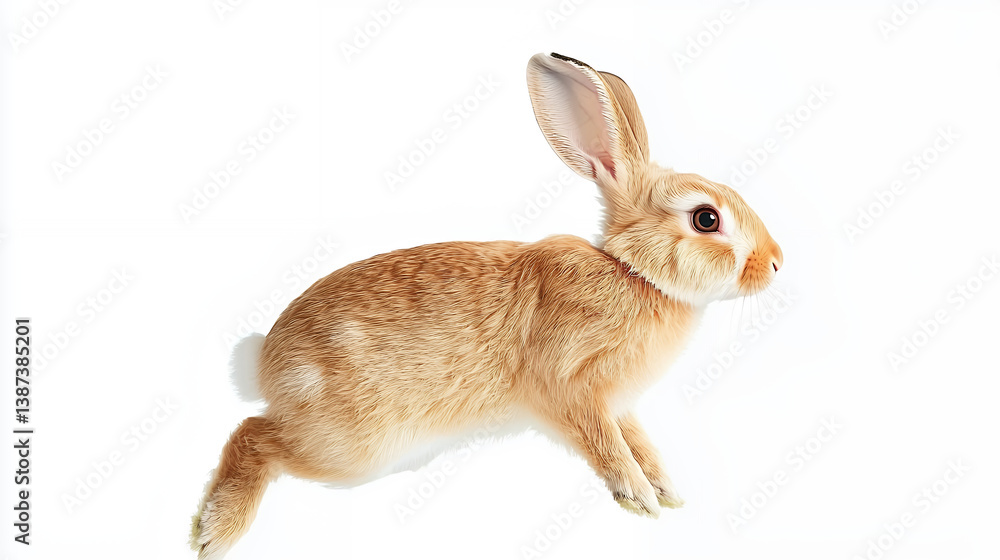 Fototapeta premium cute brown rabbit with long ears is hopping gracefully against white background, showcasing its soft fur and alert expression