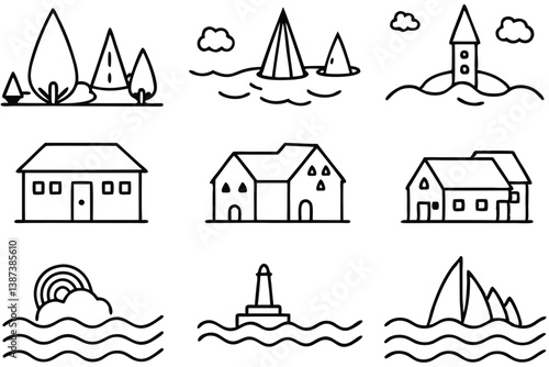 floods line art scene with damaged roads and broken bridges 