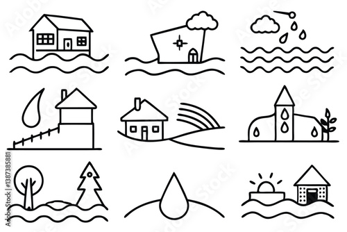 floods line art sketch of rising waters across urban cityscape  
