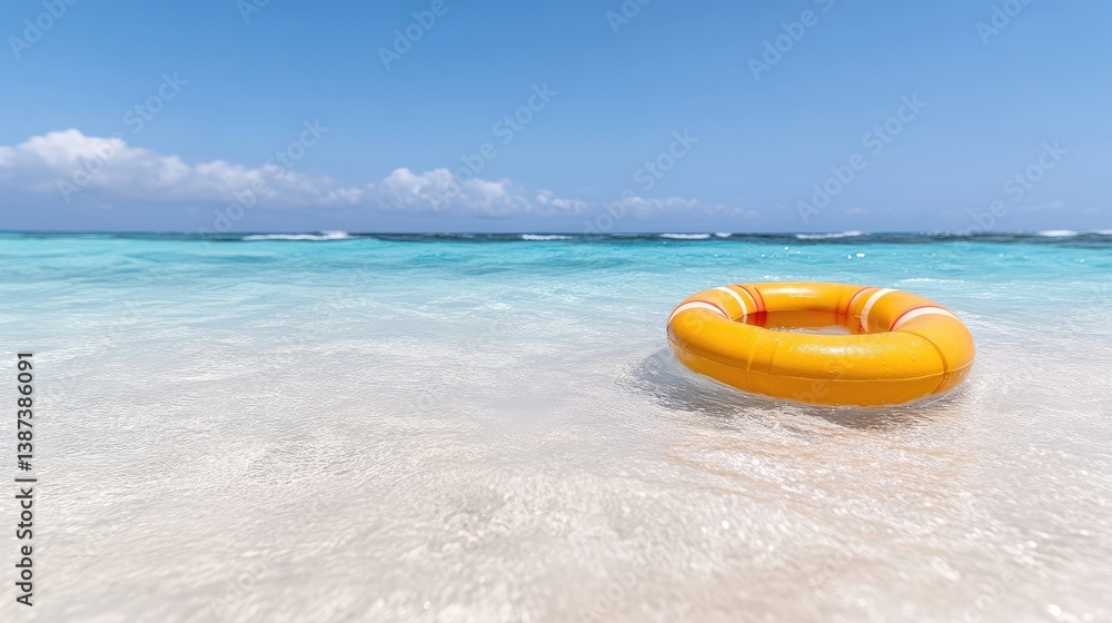 Bright yellow inflatable life preserver floats gently on the shallows of a pristine, turquoise beach. Clear skies and soft waves are visible in the background Bright yellow inflatable life preserver floats gently on the shallows of a pristine, turquoise beach. Clear skies and soft waves are visible in the background