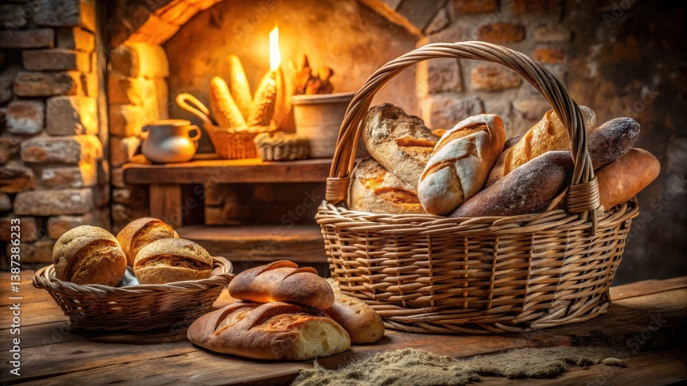 Golden-brown loaves and rolls in rustic wicker baskets, illuminated by candlelight near a stone fireplace Golden-brown loaves and rolls in rustic wicker baskets, illuminated by candlelight near a stone fireplace