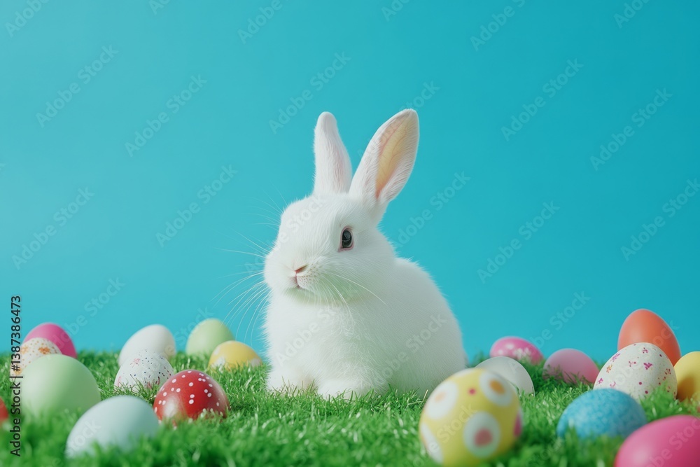 Fototapeta premium White easter bunny is sitting on green grass with colorful easter eggs and a blue background