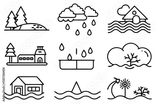 floods line art sketch of rising waters across urban cityscape  