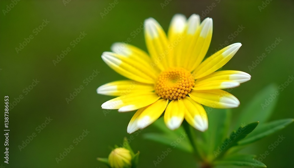 Obraz premium Close-up shot of a yellow daisy with white-tipped petals, surrounded by green leaves with finely divided segments, and a small bud, all resting on a thin, brown branch