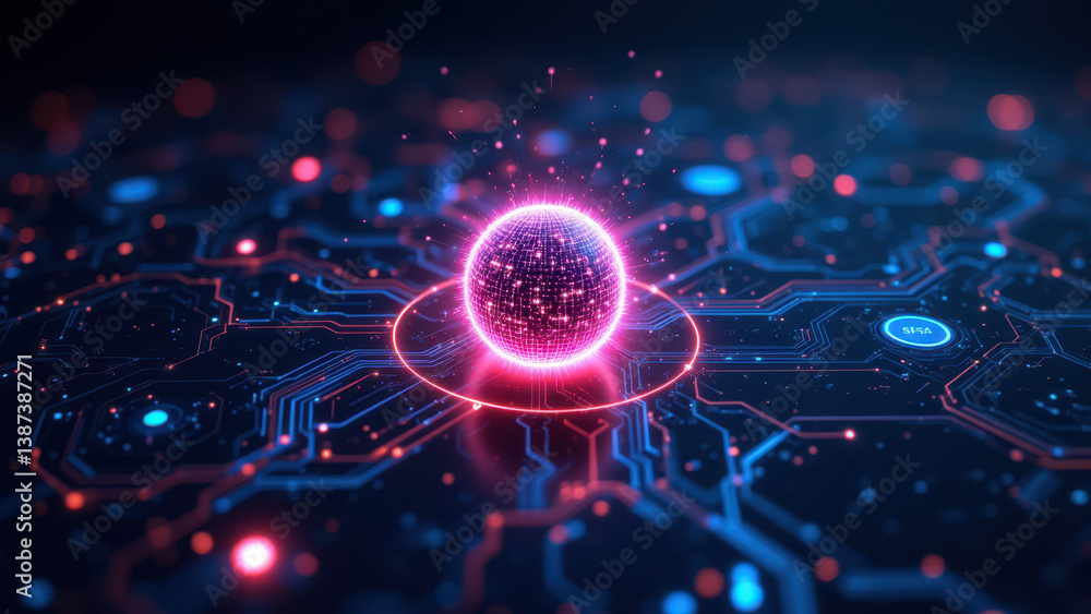 Obraz premium Cybersecurity concept with a data sphere on a digital circuit board.