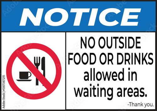 Notice No outside food or drinks allowed in waiting areas signage vector illustration