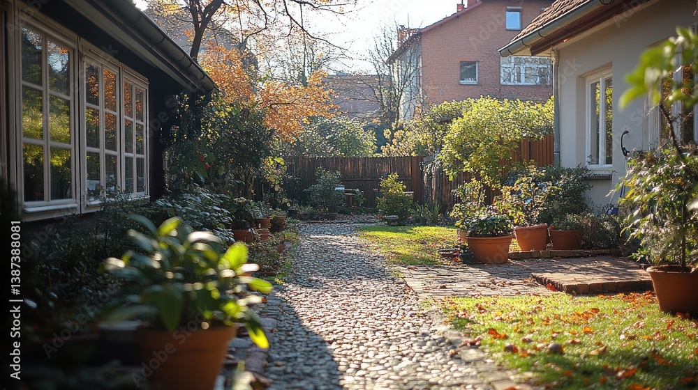 Obraz premium Autumnal Garden Path: Serene Backyard Oasis