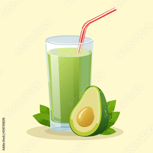 Fresh Avocado Juice Vector Illustration with Sliced Avocado