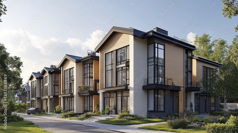 Fototapeta premium Modern Scandinavian style townhouses with light wood panels and large windows