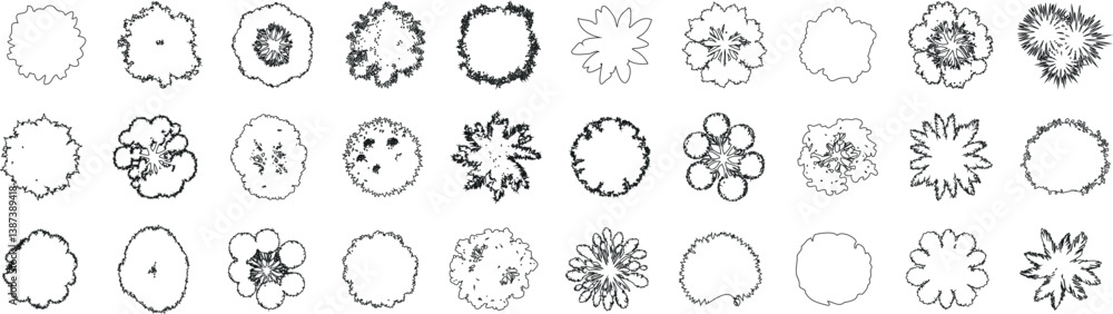 Tree top view line art illustration set featuring diverse hand drawn tree shapes. Ideal for landscape design, architectural plans, and urban planning visuals for maps, blueprints, and design projects Tree top view line art illustration set featuring diverse hand drawn tree shapes. Ideal for landscape design, architectural plans, and urban planning visuals for maps, blueprints, and design projects