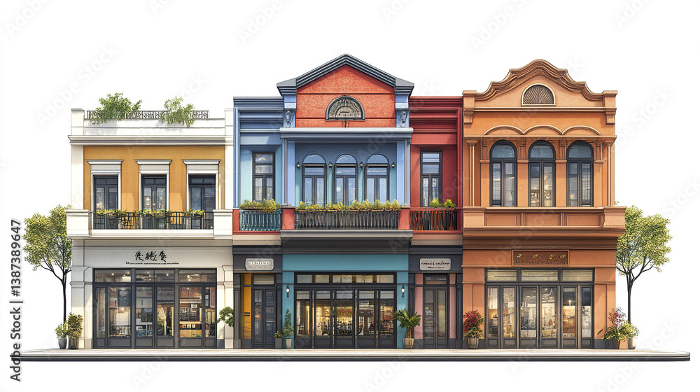 Obraz premium Colorful shophouses with ornate facades and large windows