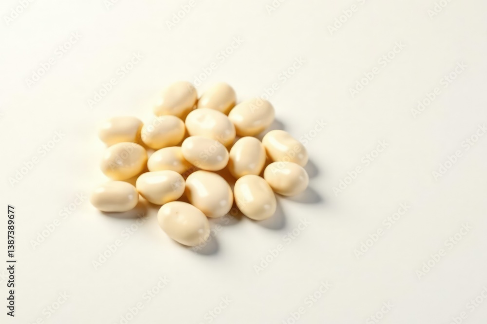 Scattered white beans on pure white background, studio, kitchen Scattered white beans on pure white background, studio, kitchen