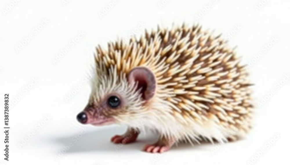 Obraz premium Single brown hedgehog on plain white backdrop; tiny, spiky body fully visible, image, animal, stock photo