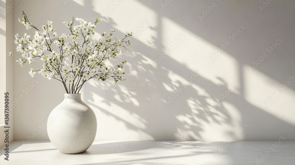 Minimalist White Ceramic Vase with Branches of White Flowers by a Sunlit Window with Sheer Curtains Minimalist White Ceramic Vase with Branches of White Flowers by a Sunlit Window with Sheer Curtains