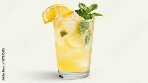 A refreshing glass of iced lemonade with mint leaves and lemon slices. Featuring coolness and zest