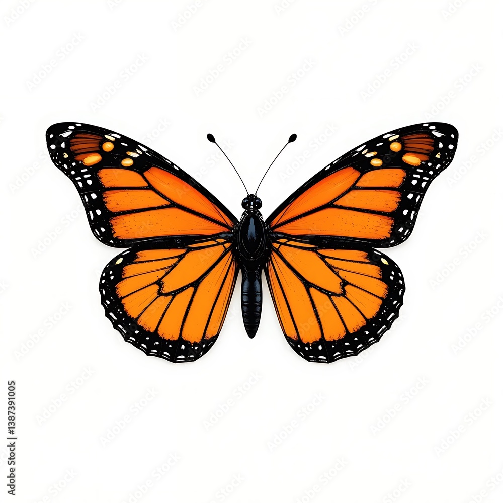 A vibrant monarch butterfly a symbol of transformation and beauty showcased against a stark white background Its orange wings and black veins are A vibrant monarch butterfly a symbol of transformation and beauty showcased against a stark white background Its orange wings and black veins are