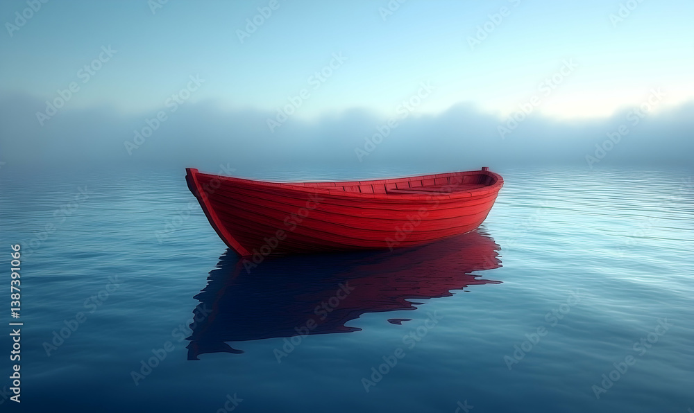 Naklejka premium Solitary red rowboat misty water
