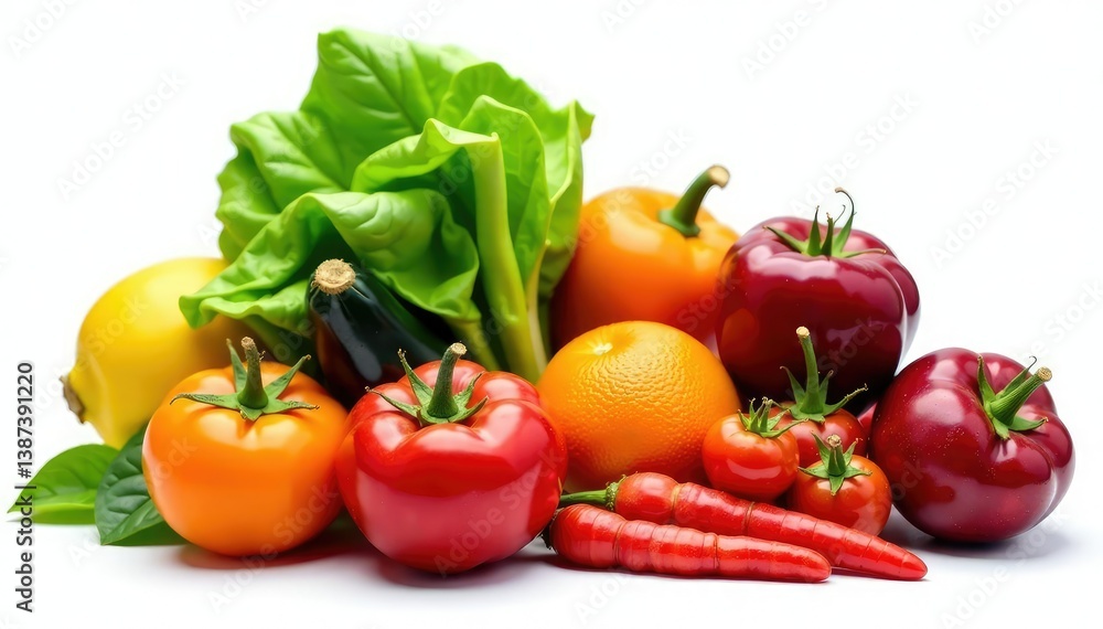 Variety of organic fruits and vegetables isolated, white, organic Variety of organic fruits and vegetables isolated, white, organic