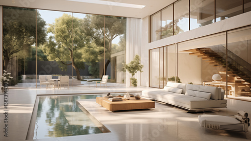 Maison d'architecture moderne, salon avec canapé, villa de luxe avec vue sur la nature. Maison d'architecte, grande baie vitrée. Arrière-plan pour conception et création graphique.