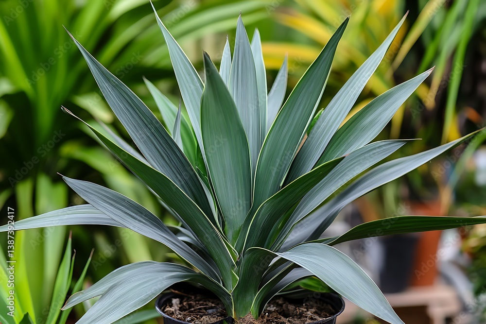 Obraz premium Tropical Agave Plant with Blue-Green Leaves in Garden