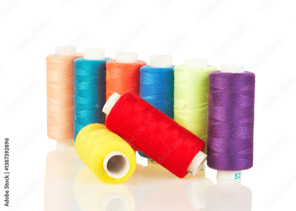 Colorful Sewing Thread Spools White Background Reflection Colorful Sewing Thread Spools White Background Reflection