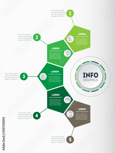 5-Step Green Business Process Infographic: Modern Polygon Flow Chart for Corporate Presentations, Annual Reports, and Strategic Planning.