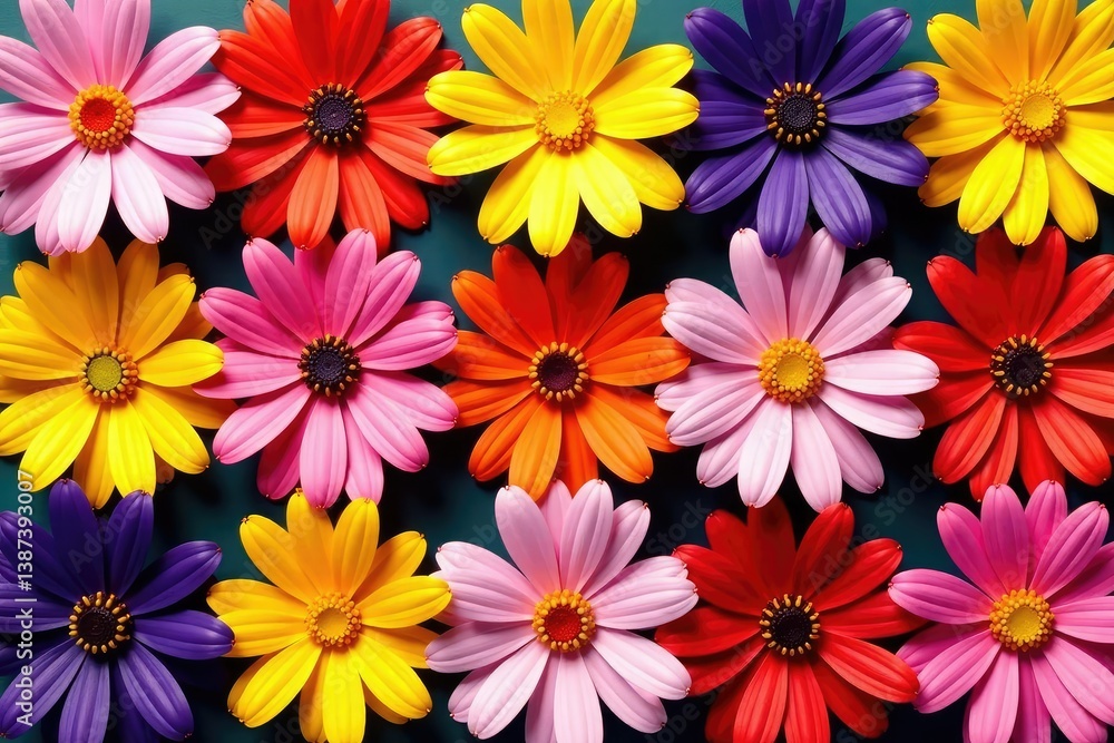 Bold blooms arranged in a repeating square grid , colorful, background Bold blooms arranged in a repeating square grid , colorful, background