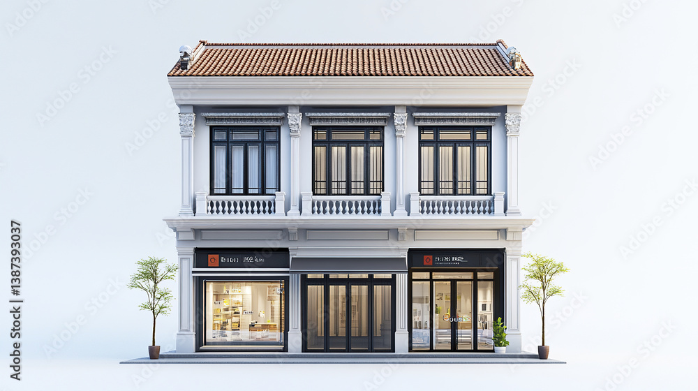 Naklejka premium Elegant shophouse with large windows and decorative facade