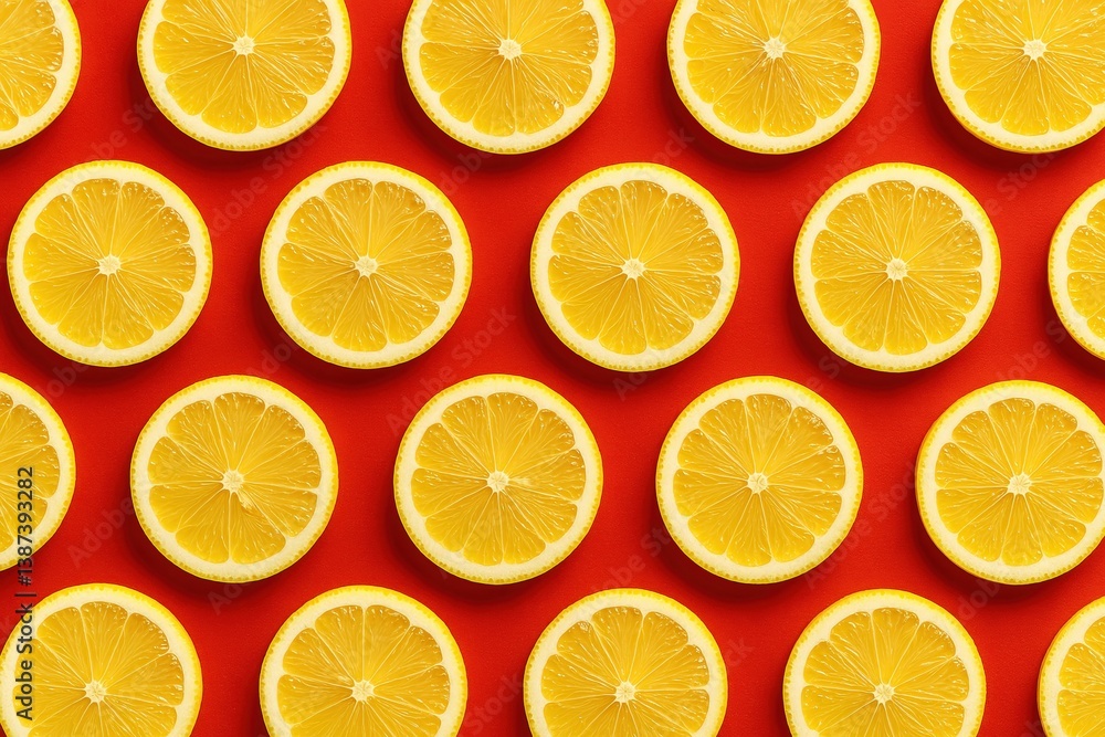 Lemon slices arranged in a seamless pattern on vibrant red background. Lemon slices arranged in a seamless pattern on vibrant red background.