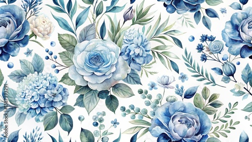 Serene Watercolor Floral Design A Luxurious Seamless Pattern of Delicate Blue Roses, Hydrangeas, and Lush Greenery on a White Background