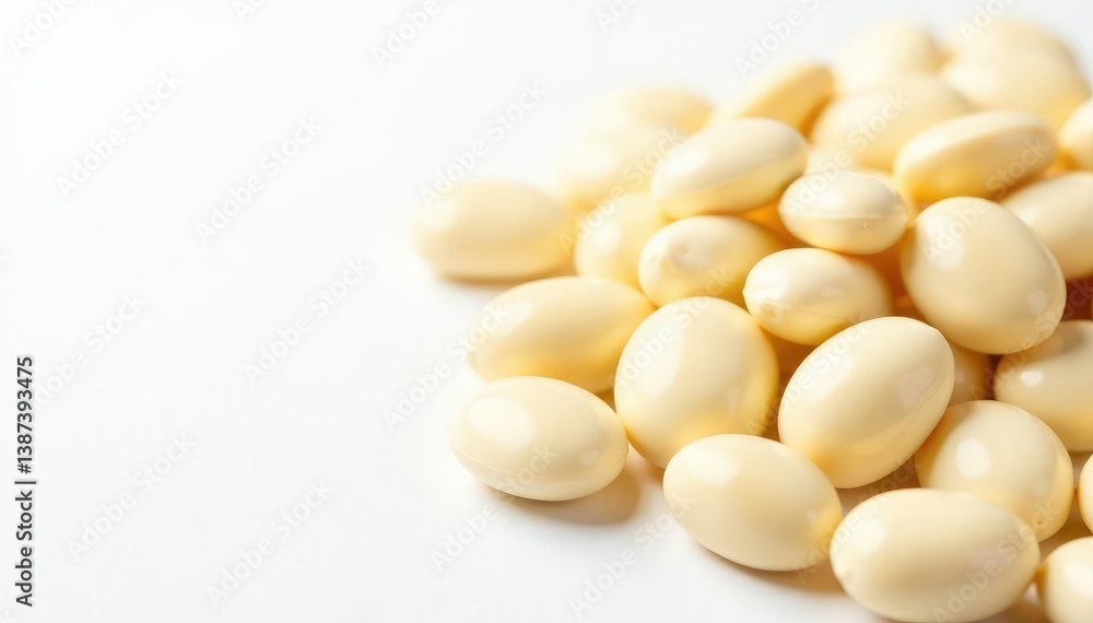 Close-up of numerous white beans against stark white backdrop, texture, closeup, scattered Close-up of numerous white beans against stark white backdrop, texture, closeup, scattered