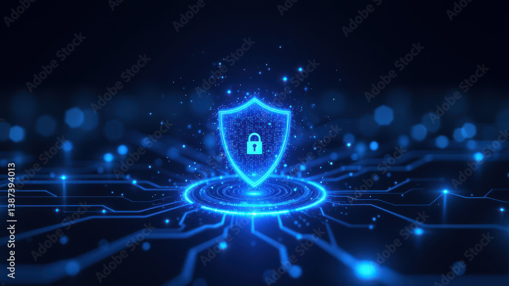 Fototapeta premium Cybersecurity icon with a shield and network cables, representing protection against cyber threats.