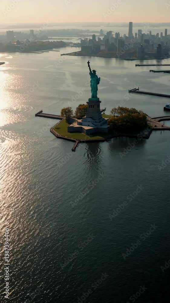 Statue of liberty and new york city skyline at sunrise Stock 비디오 ...