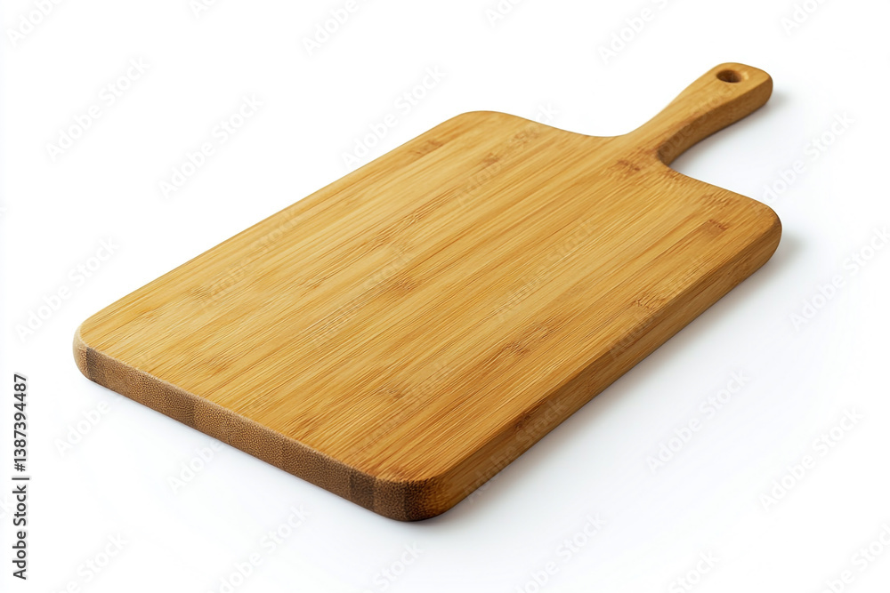 Cutting Board: A sleek, wooden cutting board with a handle, isolated, perfectly suited for culinary tasks, showcasing the natural wood grain and minimalist design. Cutting Board: A sleek, wooden cutting board with a handle, isolated, perfectly suited for culinary tasks, showcasing the natural wood grain and minimalist design.