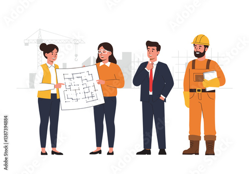 Construction workers discussing plans at a project site - строительные рабочие обсуждают планы на строительном объекте  